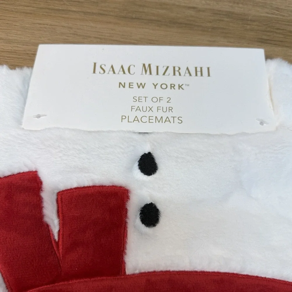 Isaac Mizrahi Christmas Snowman Red White Luxe Faux Fur 15in Set Of 2 Placemats